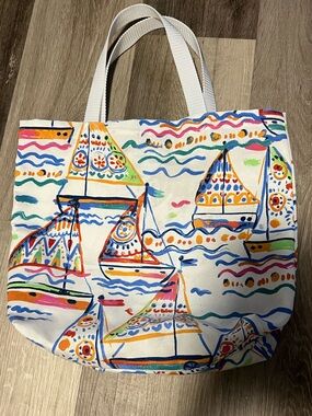 Canvas Sailboat Print Tote Bag in White